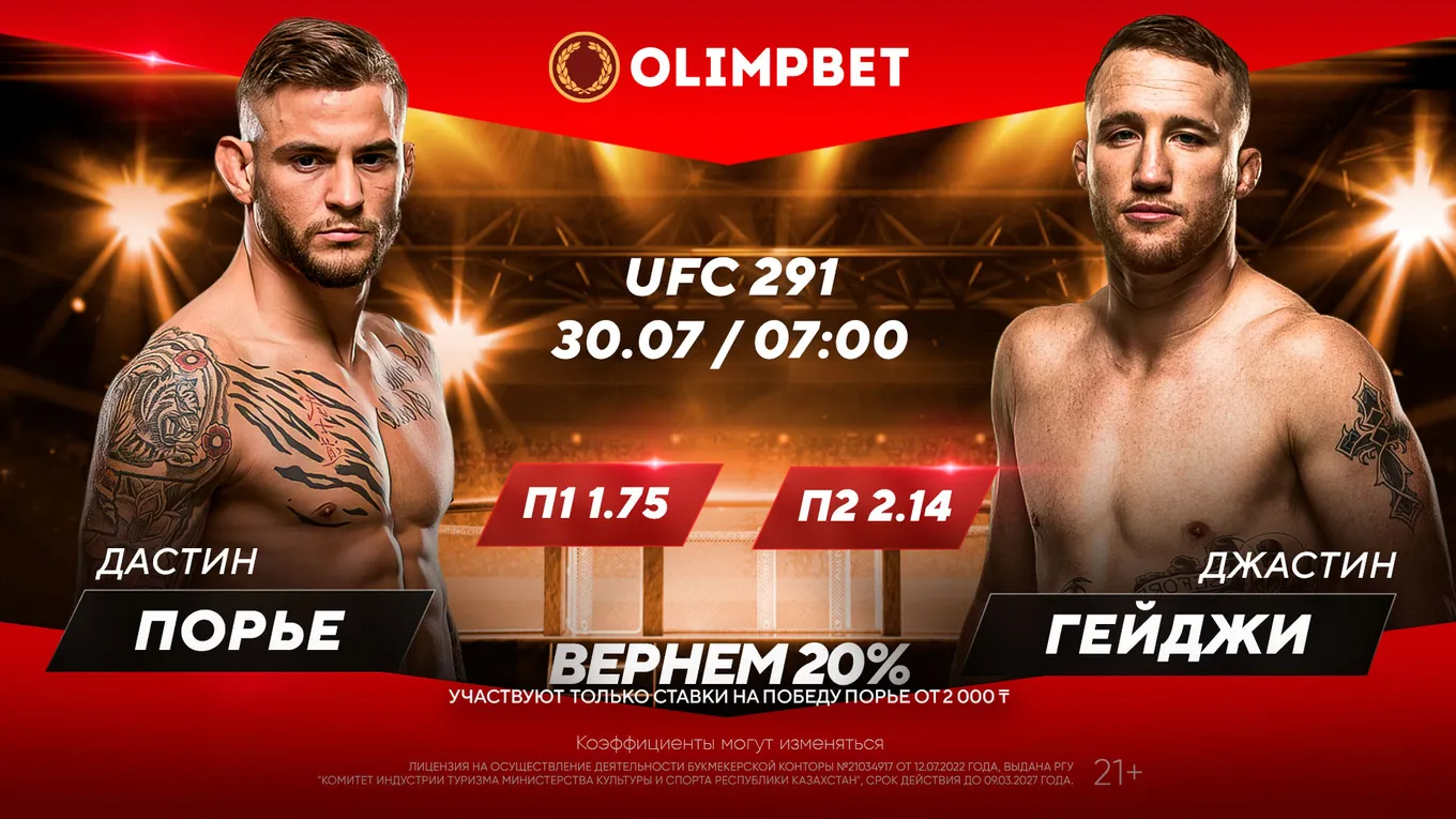 БК Olimpbet предлагает кэшбэк 20% за ставку на бой UFC Порье – Гейджи 30 июля