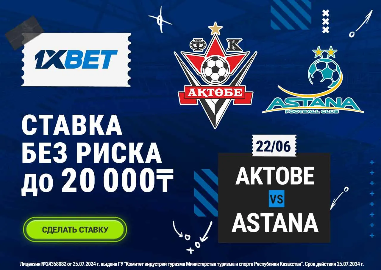 БК 1xBet предлагает ставку без риска на матч Актобе – Астана