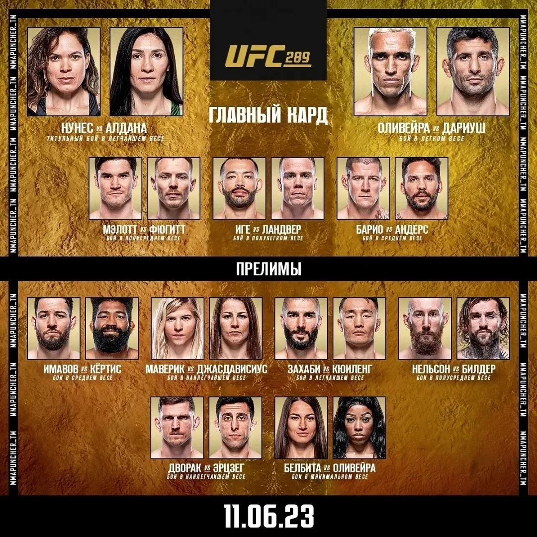Полный кард турнира UFC 289