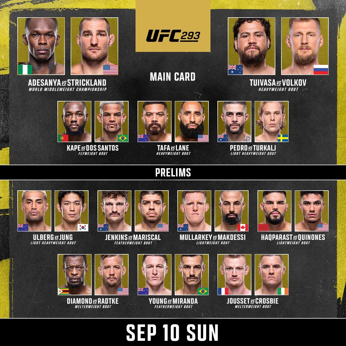 Полный кард и расписание боев UFC 293