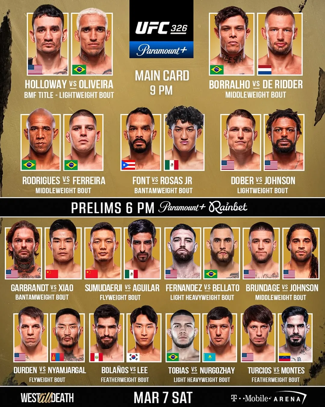 Полный кард турнира UFC 326