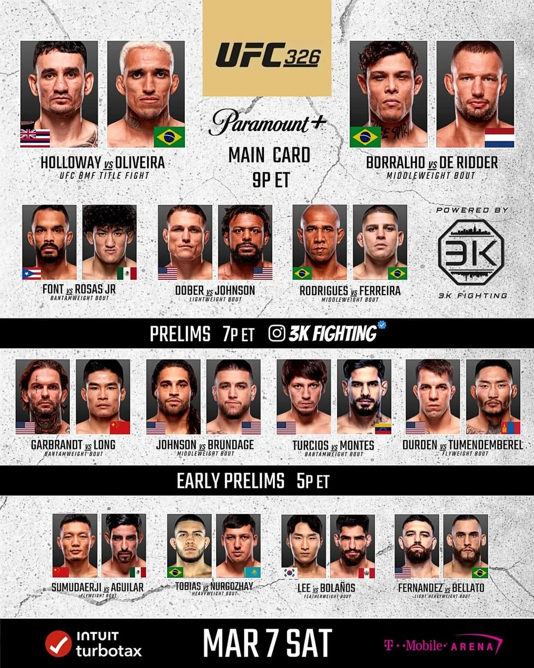 Полный кард турнира UFC 326