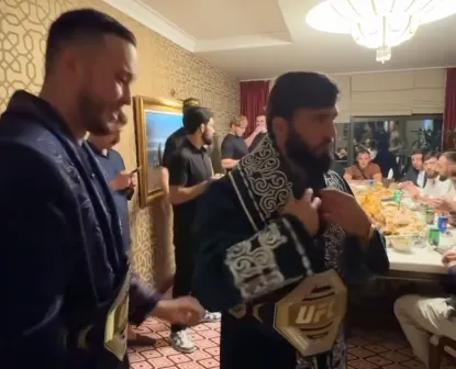 Арману Царукяну подарили казахский шапан с поясом UFC