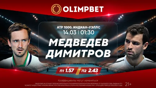 Медведев – Димитров и Мертенс – Гауфф: кэфы Olimpbet на матчи турнира Индиан-Уэллс