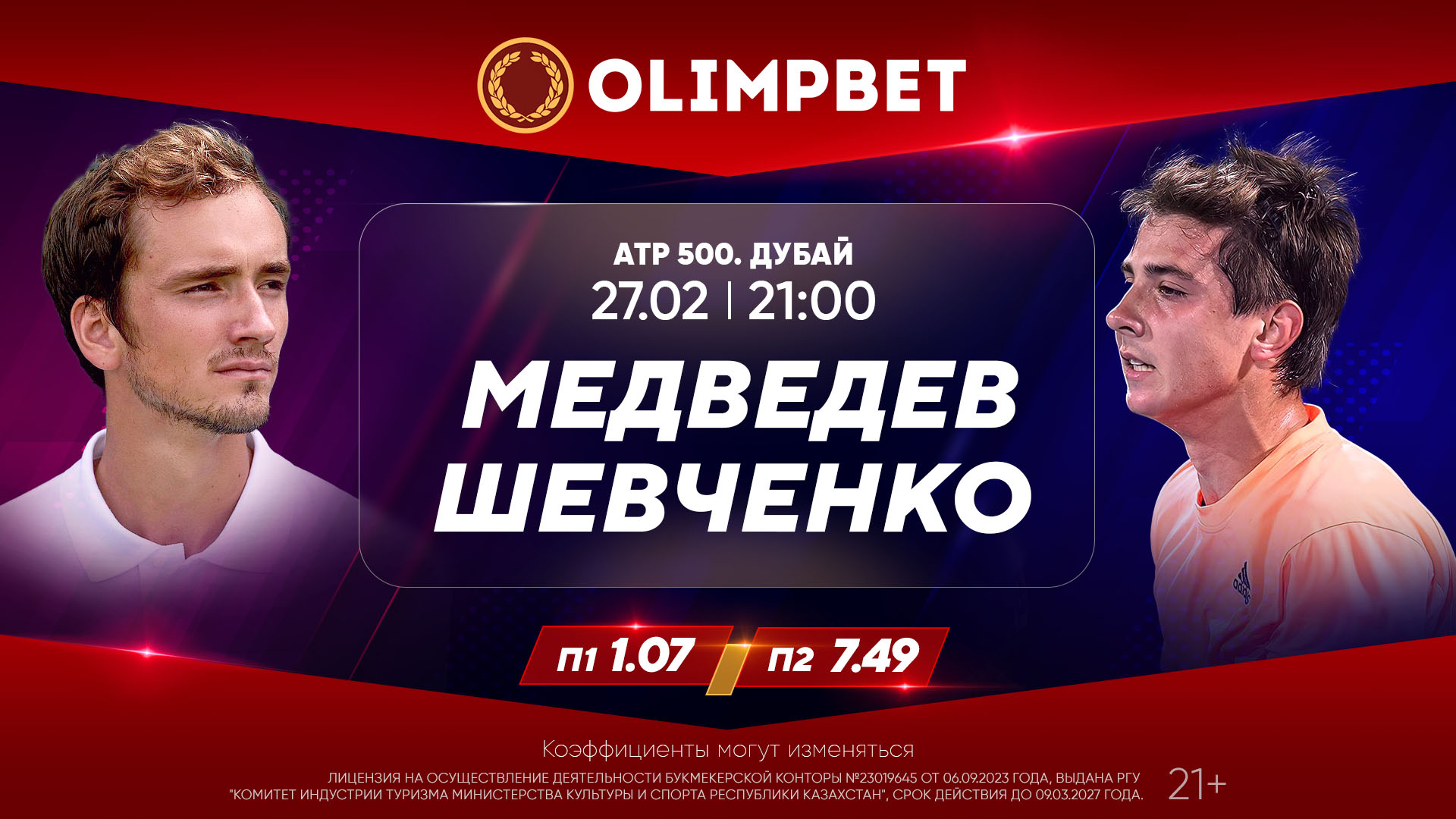 Медведев – Шевченко и Нагаль – Сонего: расклады Olimpbet на теннисные матчи  27 февраля