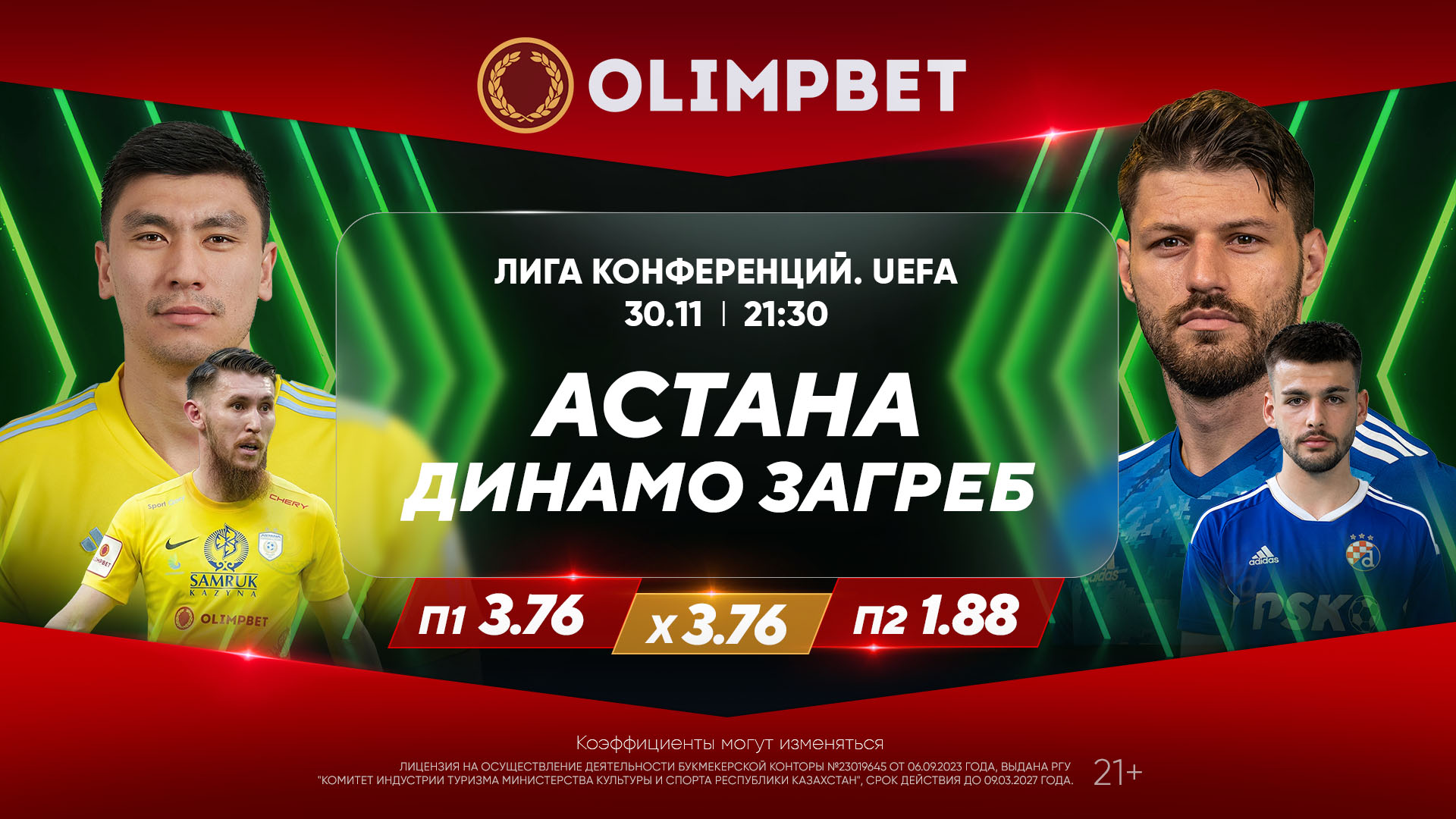 В БК Olimpbet дали расклады на матчи Лиги конференций «Астана» – «Динамо» и «Балкани» – «Виктория» Пльзень