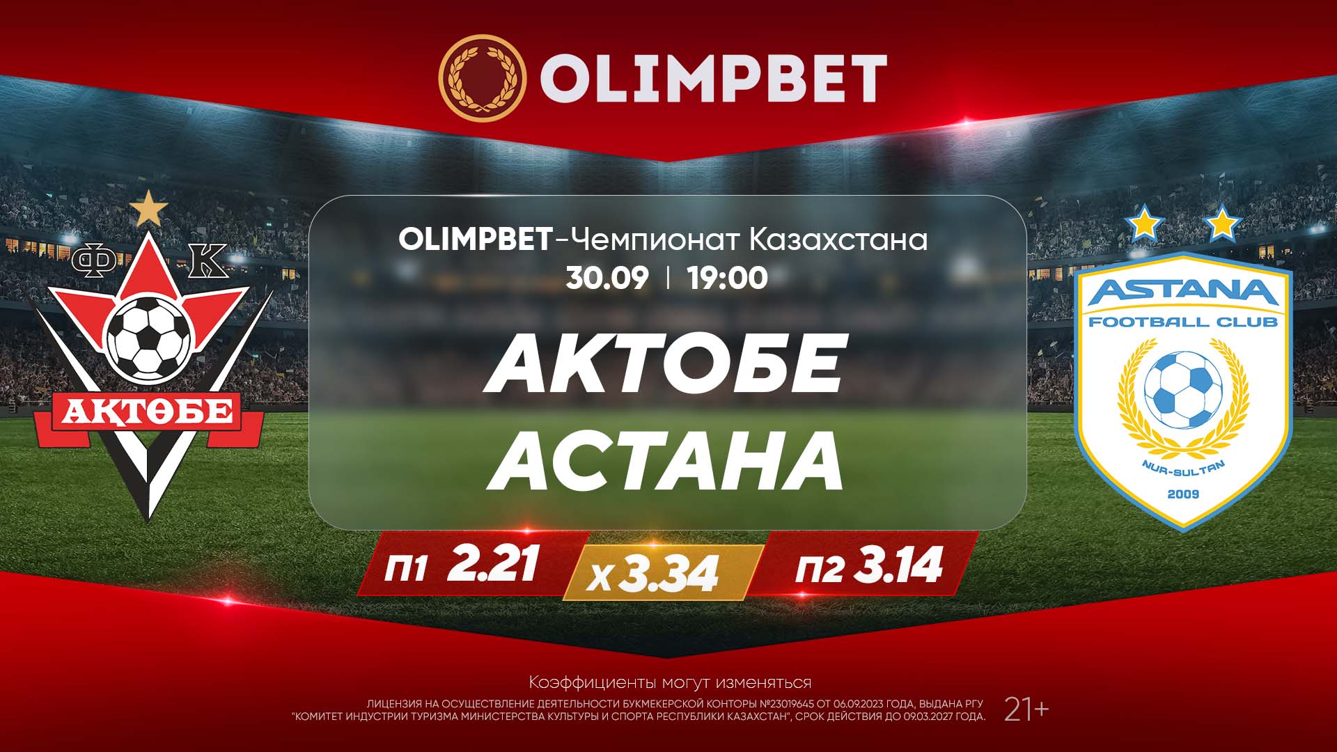 Актобе» – «Астана» и «Шахтер» – «Тобол»: расклады Olimpbet на матчи КПЛ 30  сентября