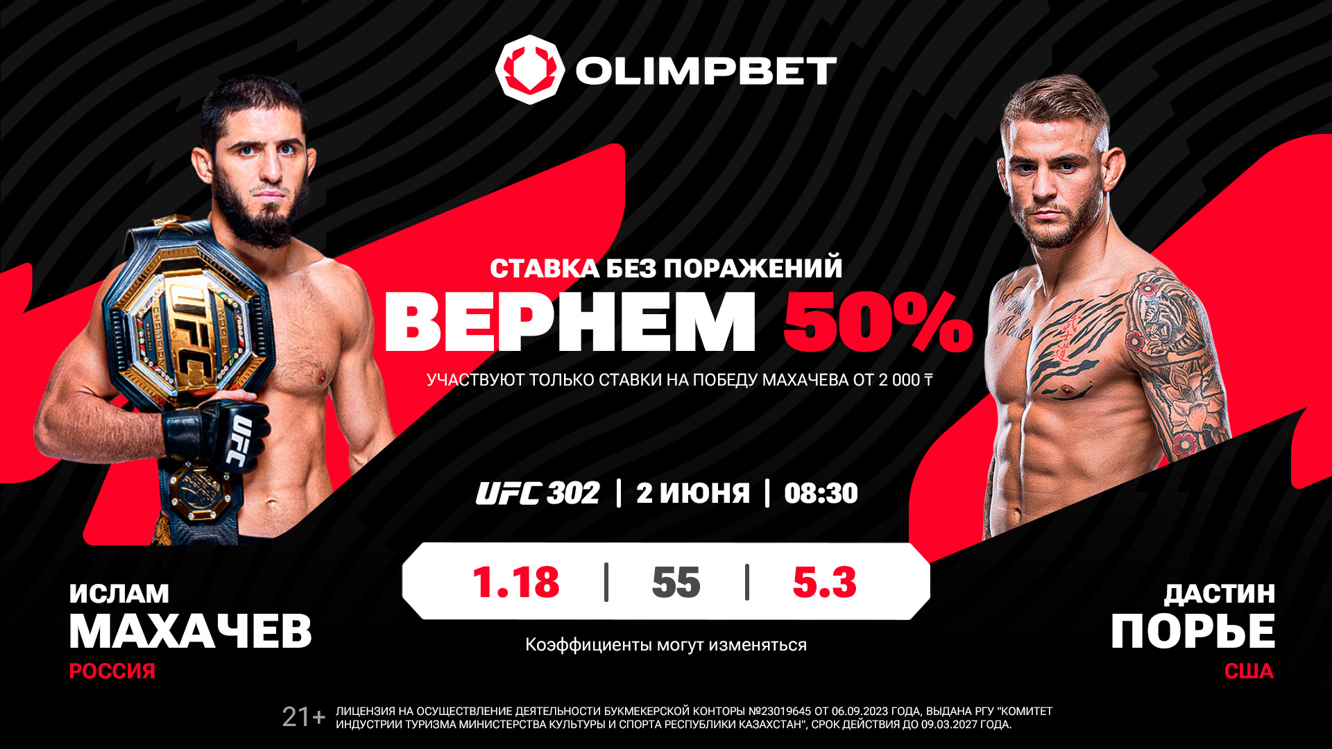 Oliimpbet предлагает кешбэк 50% за ставку на бой Махачев – Порье в UFC