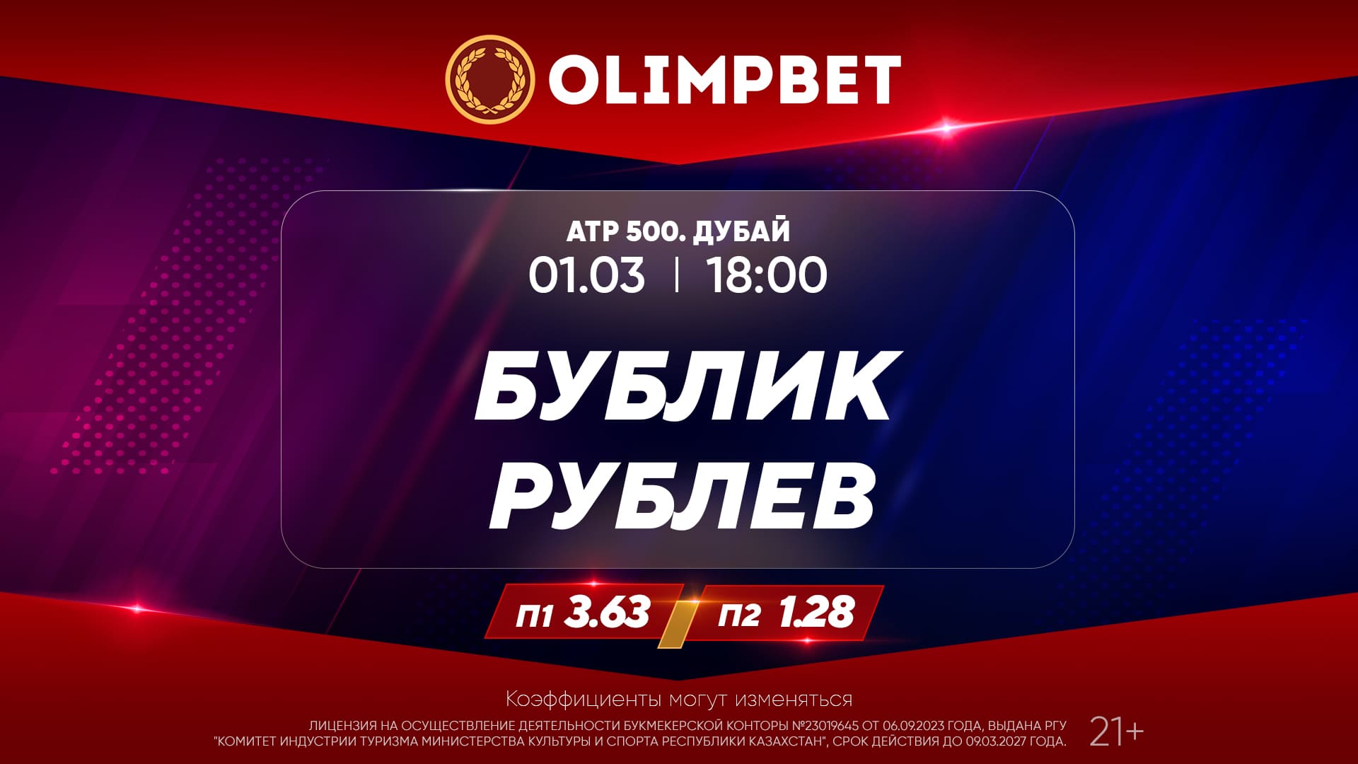 В Olimpbet дали расклады на матчи Бублик – Рублев и Медведев – Умбер 1 марта