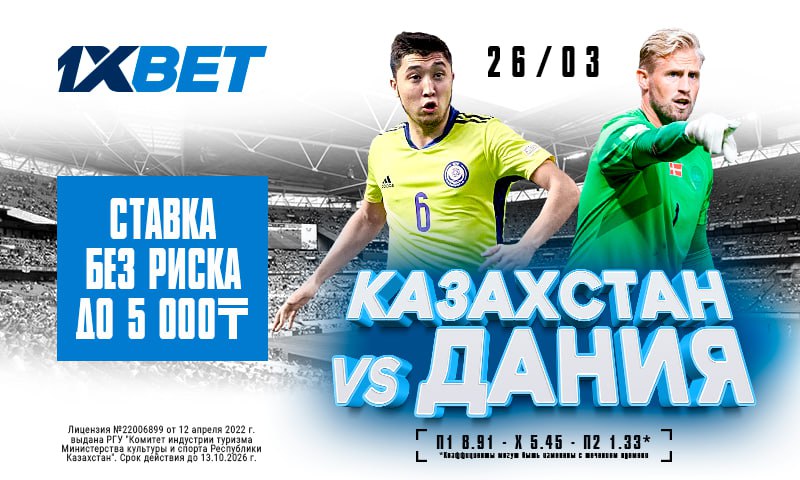 1xBet предлагает «Ставку без риска» на матч Казахстан – Дания в отборочном этапе Евро-2024