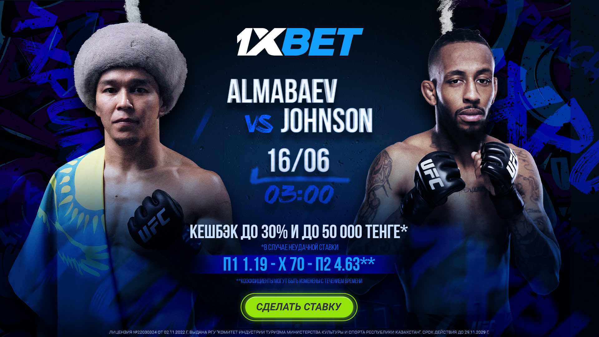 БК 1xBet предлагает акцию «1xPunch» на бой UFC Алмабаев – Джонсон