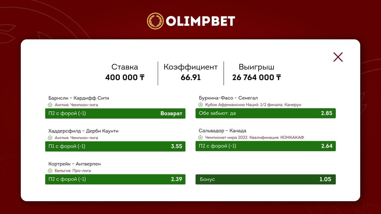 Купон счастливчика Olimpbet